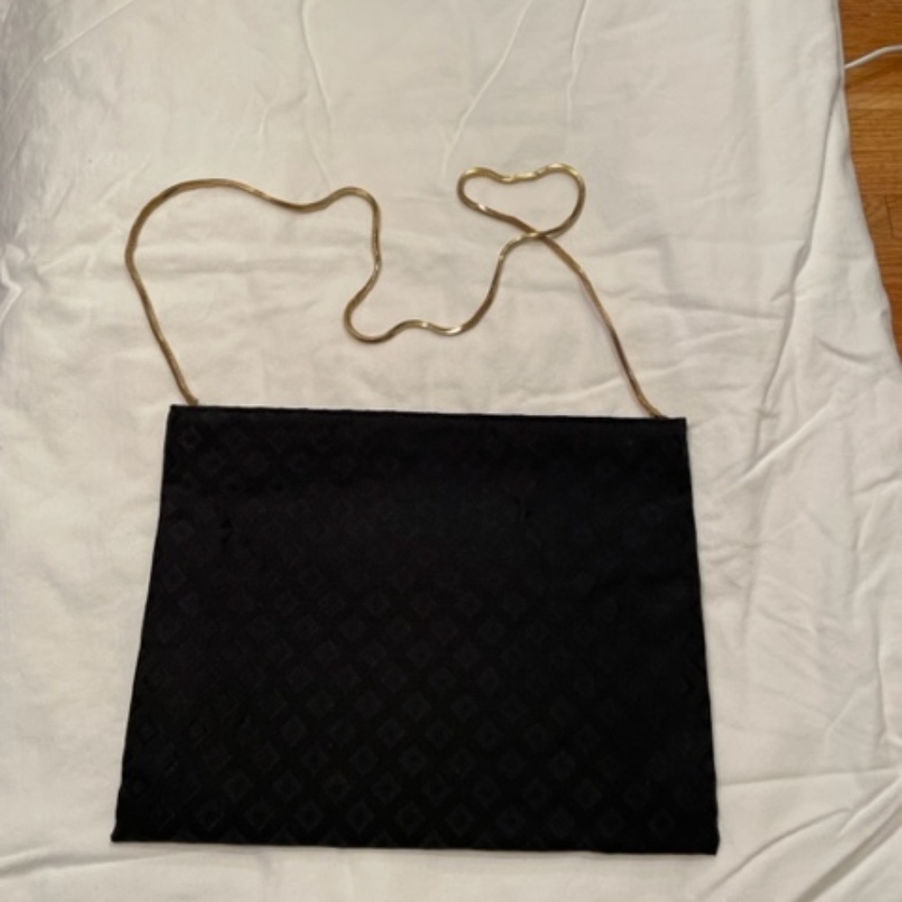 Black Silk-Like Shoulder Evening Bag w/ Gold Chain by Reva